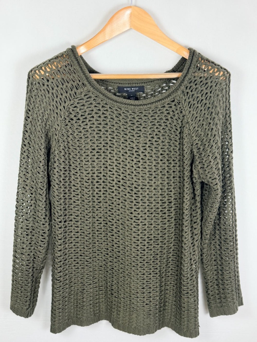Nine West XL Open Knit Sweater Olive Green Lightweight Crochet Pullover Boho